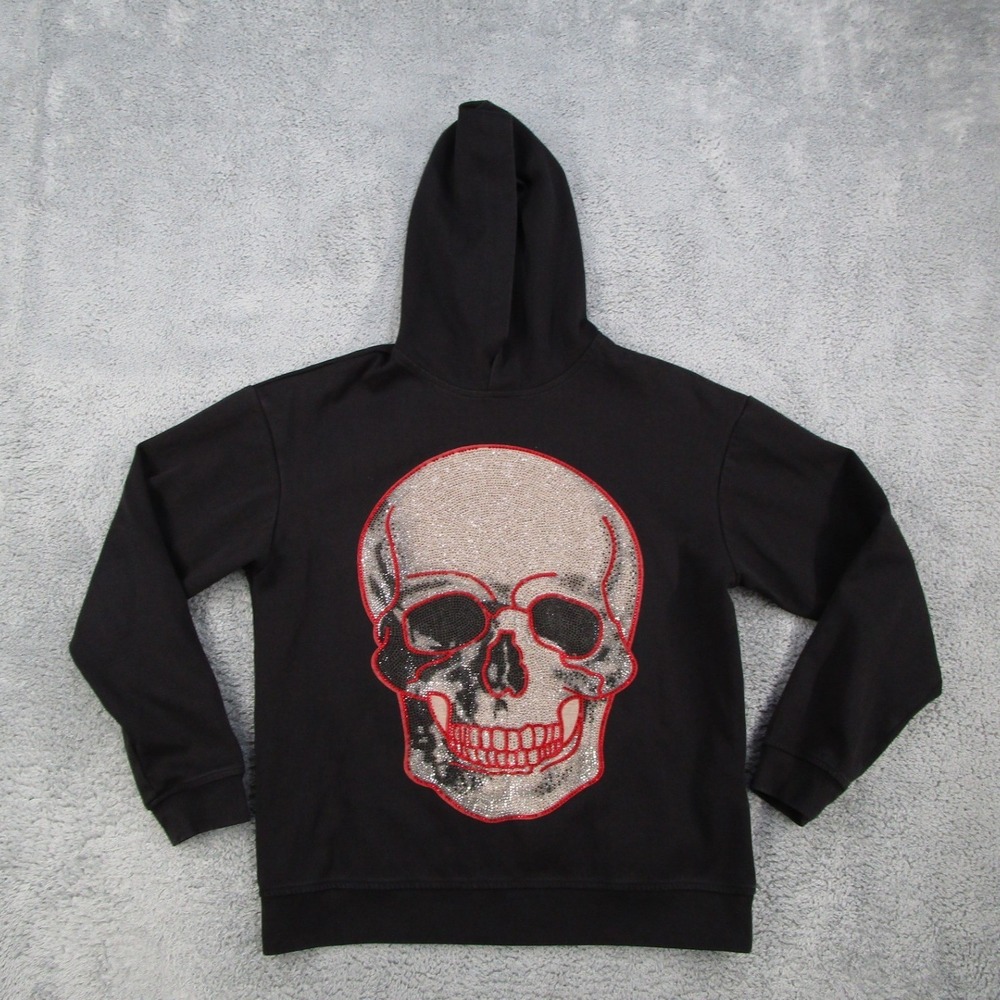 Heads or Tails Black Rhinestone Skull Hoodie Women Medium Pullover Sweatshirt